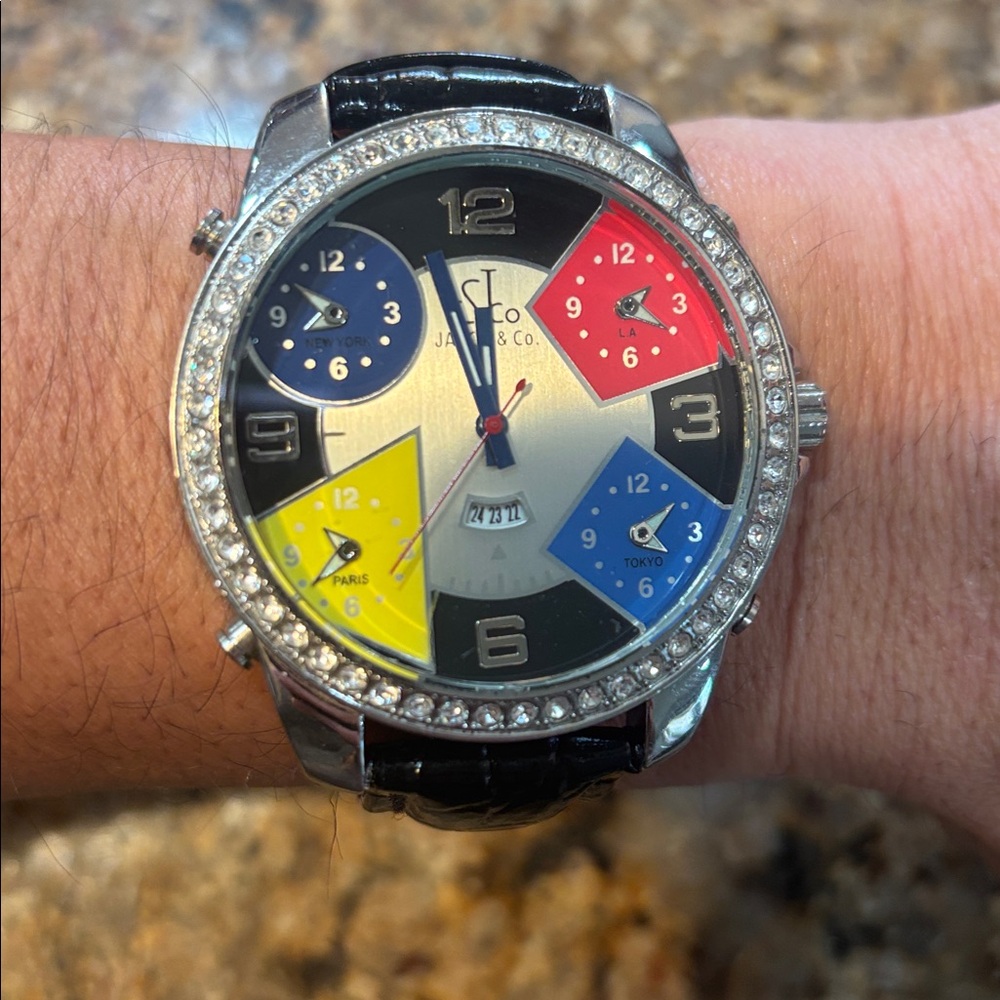 Men's Black Leather Strap Watch with Multicolor Dial - Picture 3 of 4